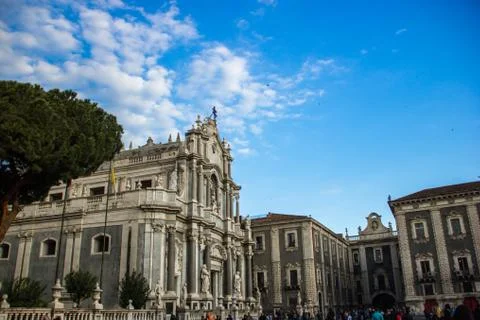 Catania cathedral square, side view church and baroque architecture building Stock Photos