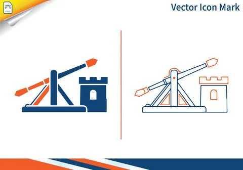 Catapult and castle vector icon mark design concept isolated. Illustrazione stock