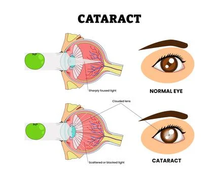 Cataract or Clouding Eye Lens, Eye Vision Problem, Eye Disease for Educatio.. Illustrazione stock