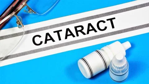 Cataract. Text label to indicate the state of health. Stock Photos