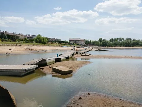 Catastrophic decrease in the water level in the Dnipro river Stock Photos