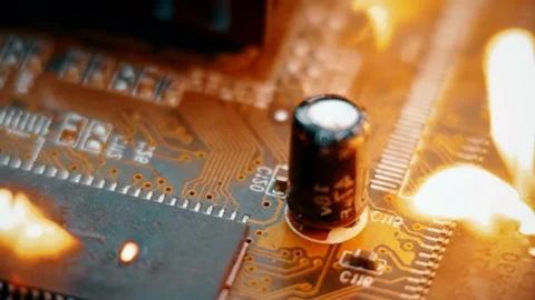 Catastrophic electronic component failure on a circuit board. Video stock 318444984
