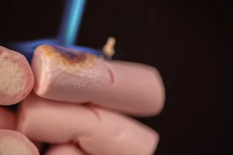 Catch the action of marshmallows melting with a torch flame. The black back.. Stock Photos