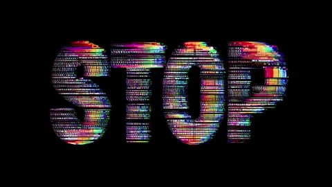 Catch the vibrant stop motion animation as the word STOP glitches and Video stock 318454690