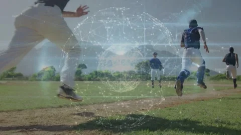 Catcher bracing base as runners sprinting past cam on baseball drill digital Stock Footage 333975346
