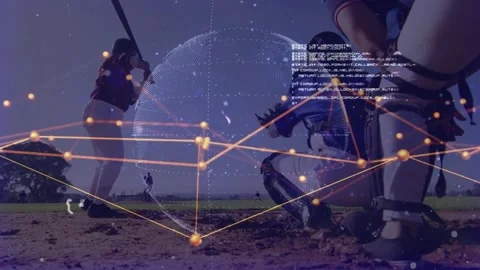 Catcher holding low crouch while digital globe appearing and rotating, Stock Footage 320726365