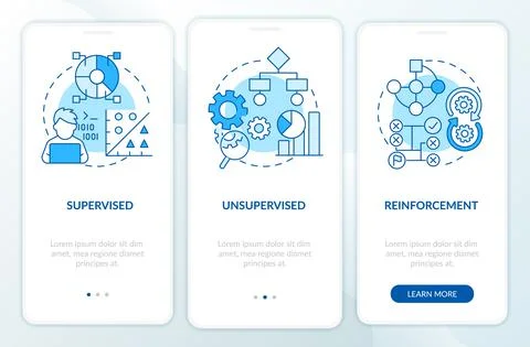 Categories of machine learning blue onboarding mobile app screen Illustrazione stock