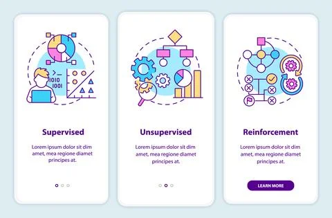 Categories of machine learning onboarding mobile app screen Illustrazione stock