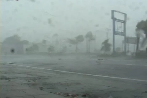 Category 4 Hurricane flying roof Stock Footage 12575223