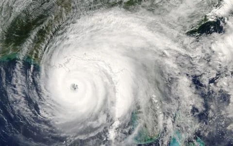 Category 5 super typhoon from outer space view. The eye of the hurricane Stock Photos