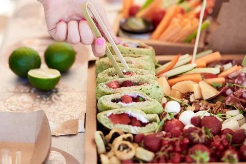 Catering box background - set with fresh green pita with strawberries Stock Photos