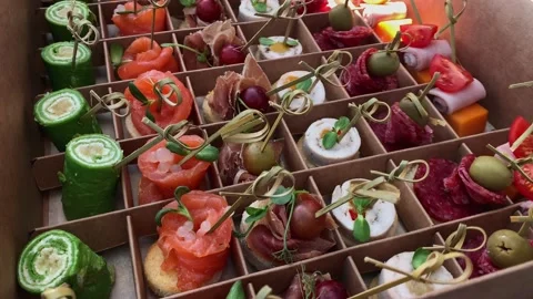 Catering Box of snacks from catering company: Assorted snacks Stock Footage