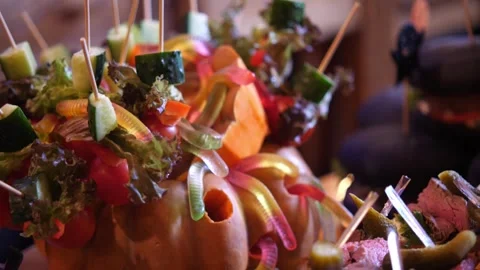 Catering Buffet Platter with Roast Beef Bruschetta Roast Beef and Pickles Stock-Footage 336808610