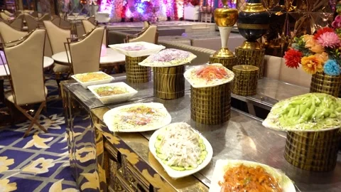 Catering buffet setup at an event venue Stock Footage 341763614