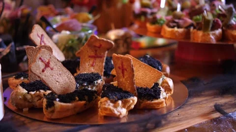 Catering Buffet Table with Sliced Cold Meats and Ham Platters Stock Footage 336808367