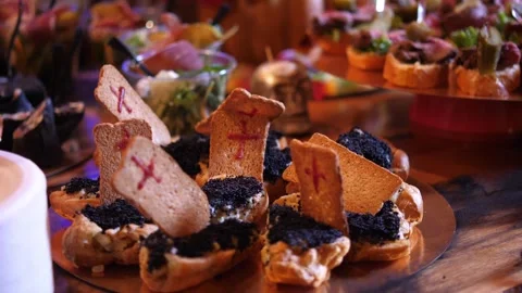 Catering Buffet Table with Sliced Cold Meats and Ham Platters Video stock 336808407