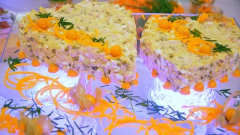 Catering buffet: vegetables and salads Stock Footage 87716095