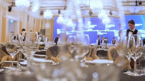 Catering concept. Waiters set tables for party, business meeting. Expensive Stock Footage 121940501