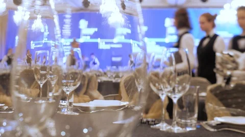 Catering concept. Waiters set tables for party, business meeting. Expensive Stock-Footage 124943973