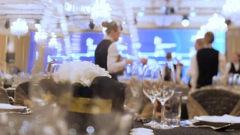 Catering concept. Waiters set tables for party, business meeting. Expensive Video stock 125552772