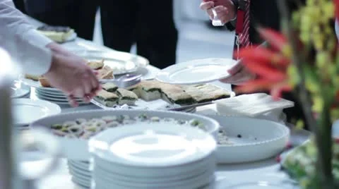 Catering food - buffet with businessmen Stock Footage