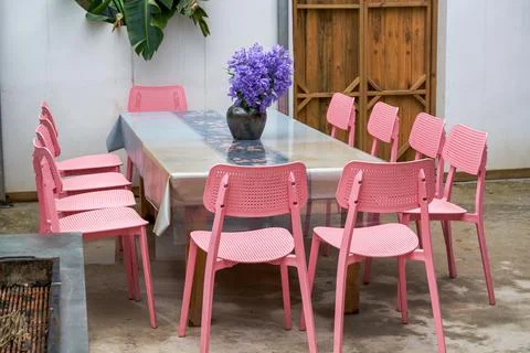 Catering long table seating and conference long table in restaurant Stock Photos