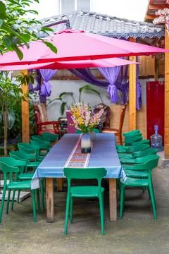 Catering long table seating and conference long table in restaurant Stock Photos