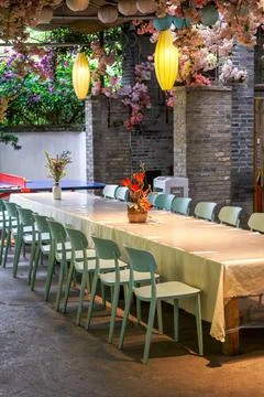 Catering long table seating and conference long table in restaurant Stock Photos