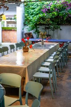Catering long table seating and conference long table in restaurant Stock Photos