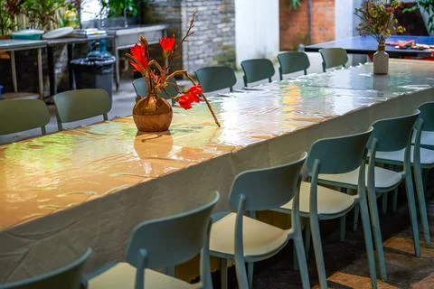 Catering long table seating and conference long table in restaurant Stock Photos