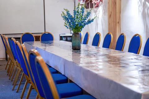 Catering long table seating and conference long table in restaurant Stock Photos