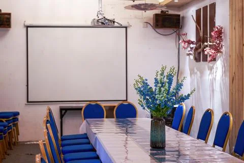 Catering long table seating and conference long table in restaurant Stock Photos