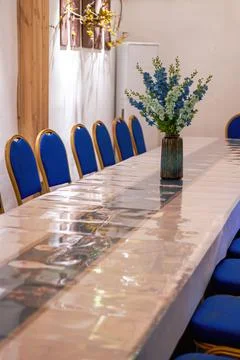 Catering long table seating and conference long table in restaurant Stock Photos