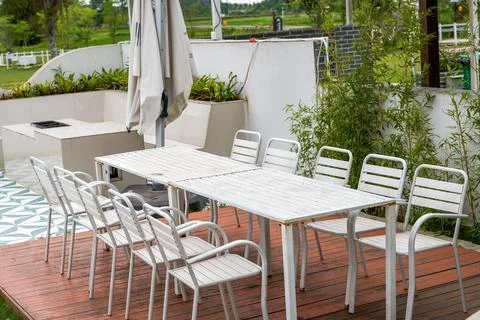 Catering long table seating and conference long table in restaurant Stock Photos