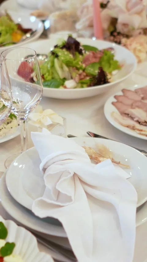 Catering service on banquet table with food set in restaurant Many dishes Stock Footage 304369953