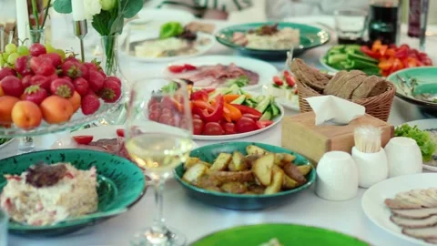 Catering service on banquet table with snacks in restaurant Stock-Footage 336800455