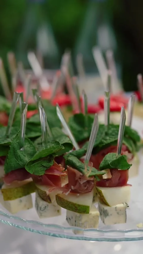 Catering service on banquet table with snacks in restaurant Stock Footage 337108836