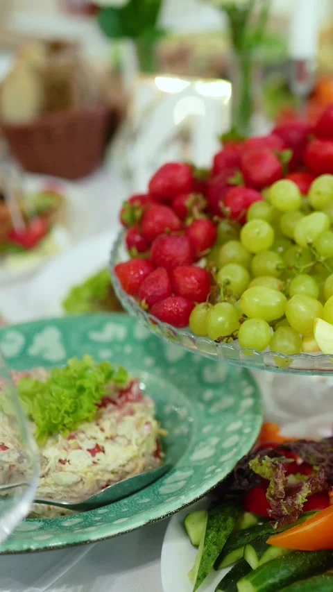 Catering service on banquet table with snacks in restaurant Stock-Footage 337108860