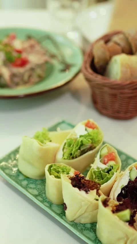 Catering service on banquet table with snacks in restaurant Stock Footage 337108871