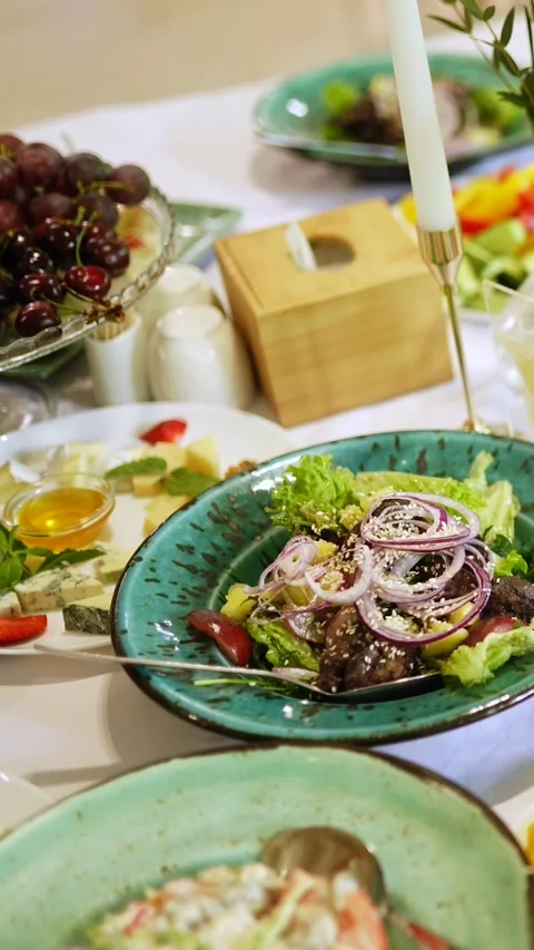 Catering service on banquet table with snacks in restaurant Stock Footage 337109129