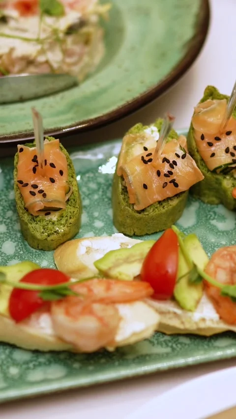 Catering service on banquet table with snacks in restaurant Stock Footage 337109142