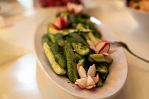 Catering services background with snacks on guests table in restaurant at event Stock Photos