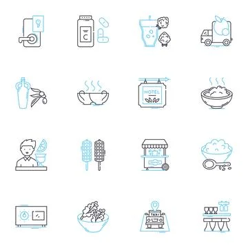 Catering services linear icons set. Food, Menu, Buffet, Platters, Favors Stock Illustration