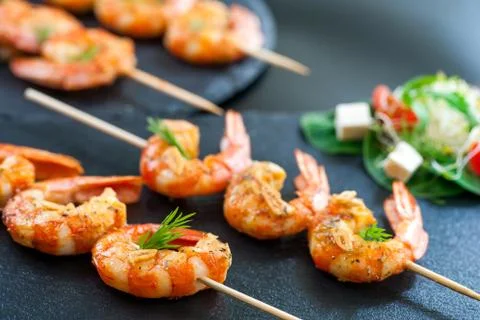 Catering shrimp brochettes. Stock Photos
