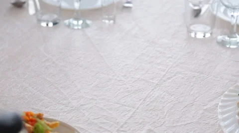 Catering table set service with silverware and glass Stock Footage 60053313