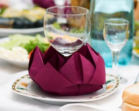 Catering table set service with silverware Stock Photos