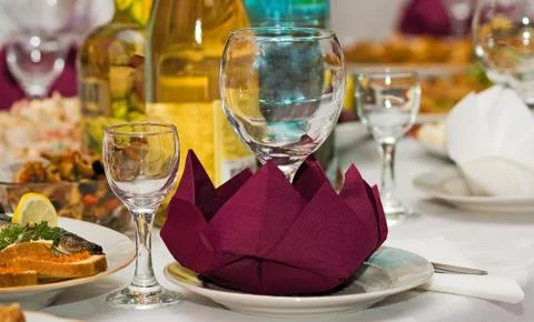 Catering table set service with silverware 스톡 사진