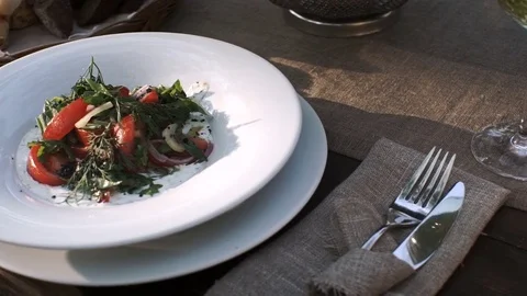 Catering. The waiter served the table for a delicious dinner Stock Footage 71052304