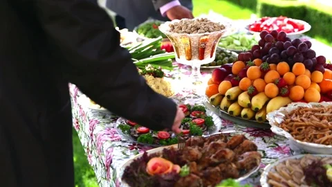 Catering wedding buffet food table Stock Footage 76209429