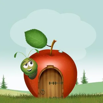 Caterpillar in the house in an apple Stock Illustration